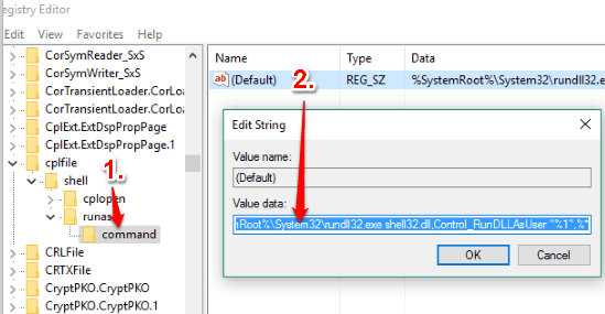 create command key and then set value data of default string value