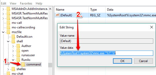 create command key under RunAs key in shell key and set value data of default string value