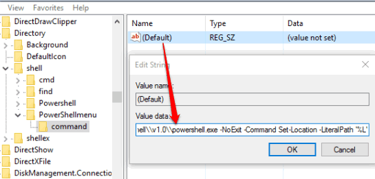 create command key under powershellmenu and set value data of its default string value