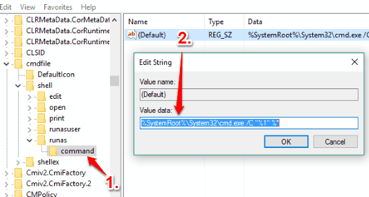 create command key under runas key and set value data of default string value