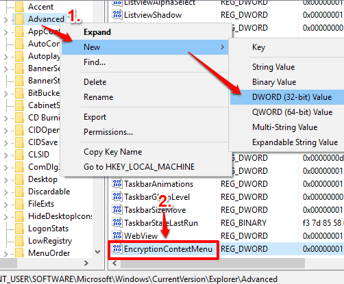 create encryptioncontextmenu named dword value under advanced key