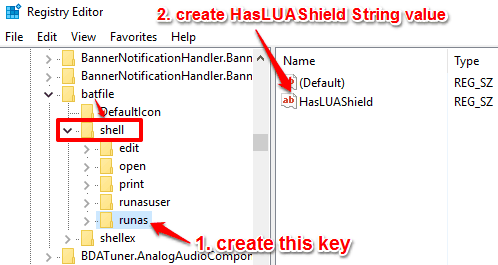 create runas key under shell key in batfile and create a string value with HasLUAShield name