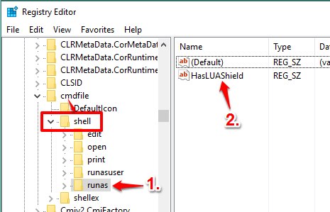 create runas key under shell key in cmdfile and create a string value with HasLUAShield name