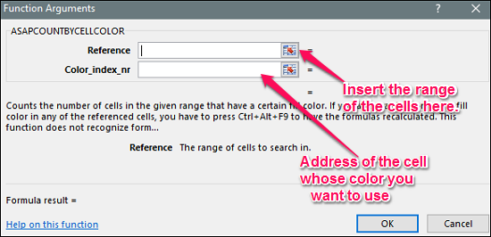 dialog specify range cell count color