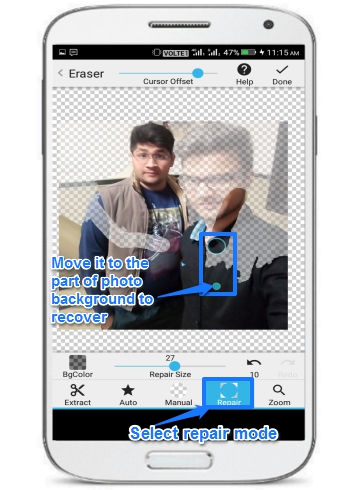 edit photo background on Android-background eraser- repair mode to revert changes