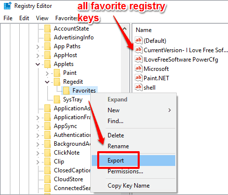 export favorites registry key