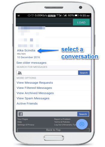 facebook time machine- select a conversation