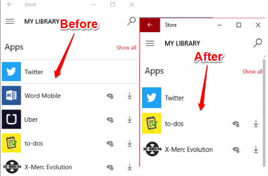 hide apps from my library list in windows 10 play store