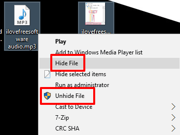 hide file and unhide file options are visible in the context menu