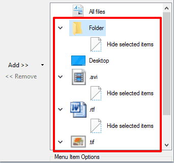hide selected items option added for folders and different file types