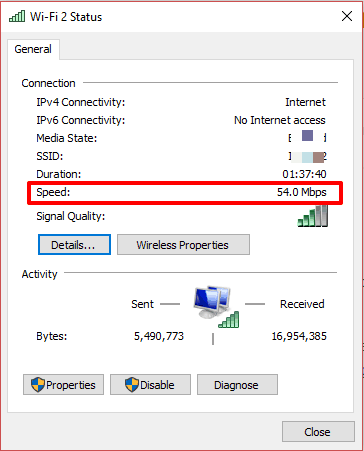 network adapter speed visible in wifi status window