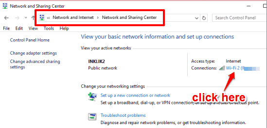 open network and sharing center window and click on wifi name