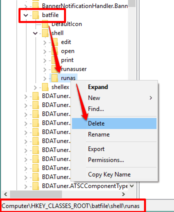remove runas key from shell key available under batfile key