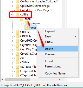 remove runas key from shell key available under cplfile key