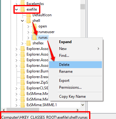 remove runas key from shell key available under exefile key