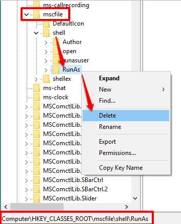 remove runas key from shell key available under mscfile key