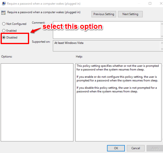 select disabled option and save changes
