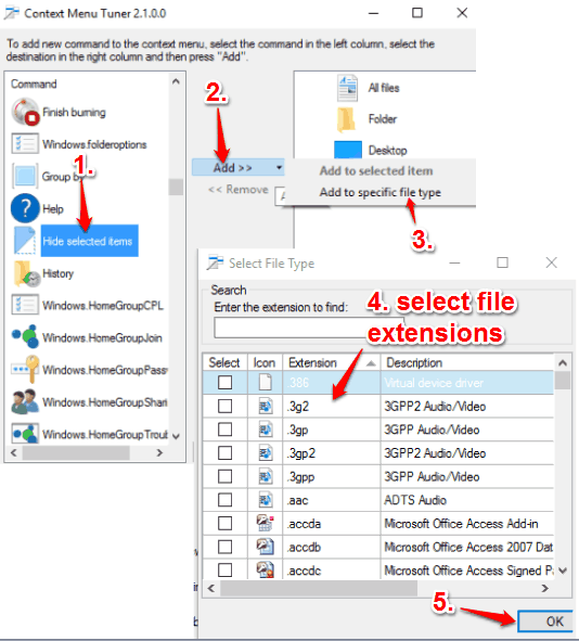 select file types to add hide selected items option