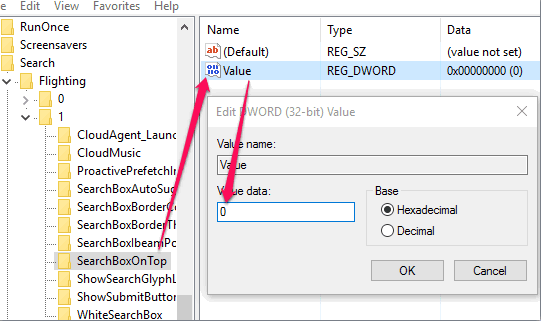 set 0 for value dword value available in SearchBoxOnTop key