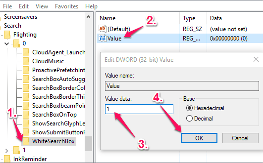 set dword value under whitesearchbox key to 1
