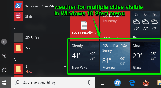 show weather for multiple cities visible in Windows 10 Start menu