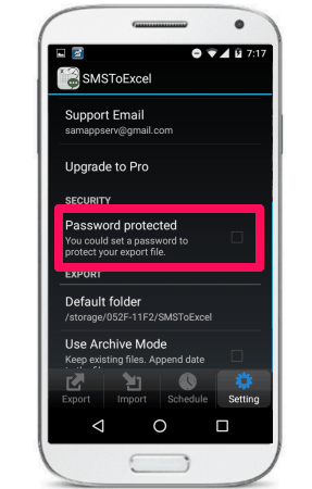smstoexcel password option