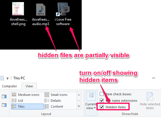 turn on or off showing hidden items