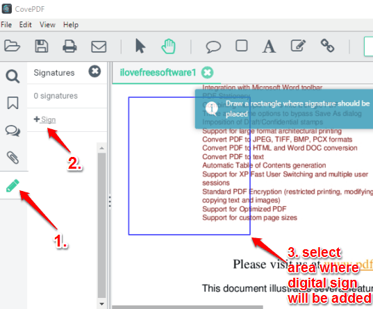 use digital sign icon and select area to add digital signs