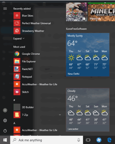 weather forecast visible for multiple cities in windows 10 start menu using MSN weather app
