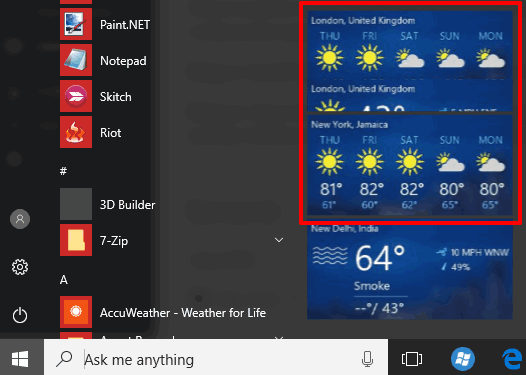 weather forecast visible for multiple cities in windows 10 start menu