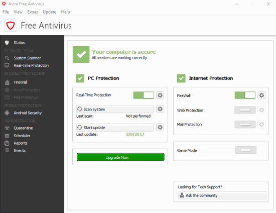 Avira Free Antivirus- interface
