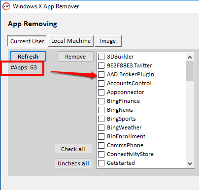 Windows X App Remover- interface