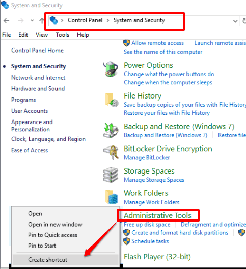 access create shortcut option of administrative tools