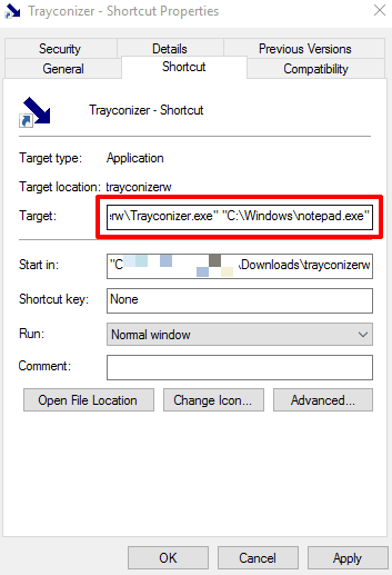add source path of application in target box