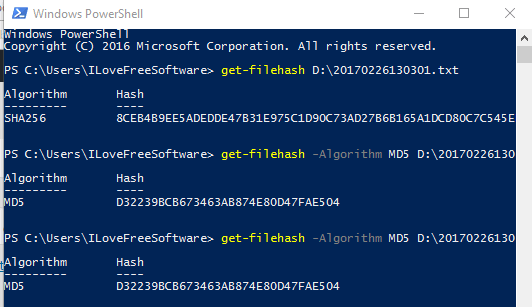 calculate hash values of files using powershell in windows 10