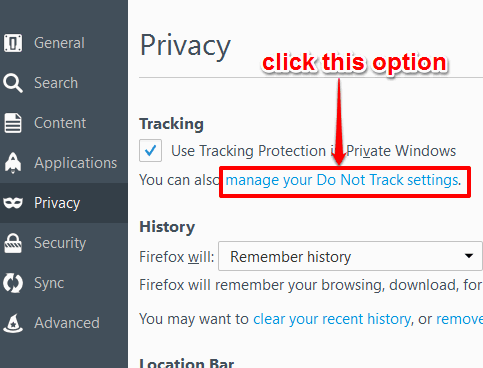 click on manage your do not track settings