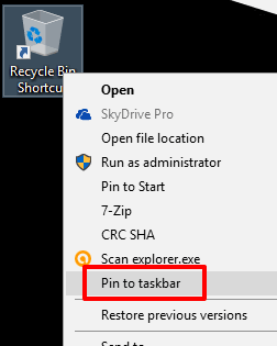 click pin to taskbar option for shortcut