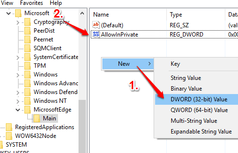 create AllowInPrivate dword value
