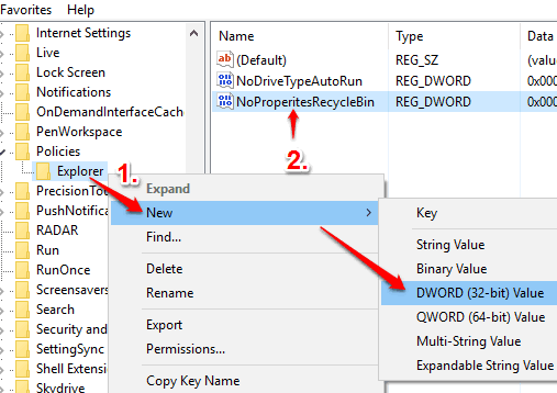 create nopropertiesrecyclebin dword value