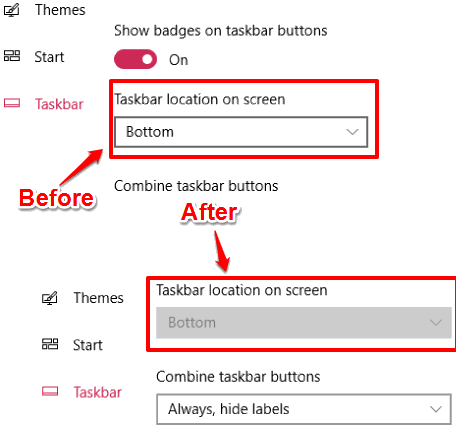 disable taskbar location change in windows 10