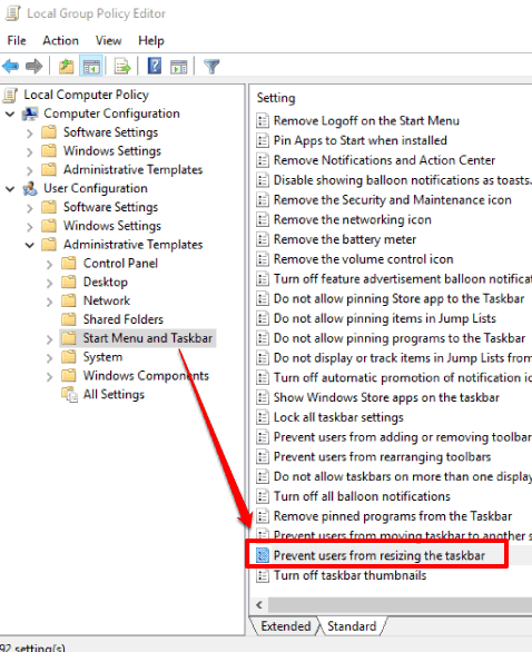 find start menu and taskbar and then double click prevent users from resizing taskbar option