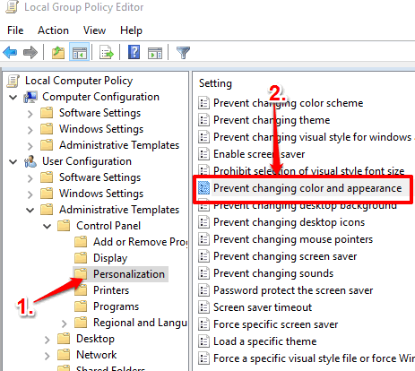 open prevent changing color and appearance option in personalization folder