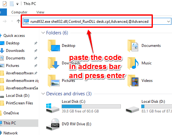 paste code in file explorer address bar and press enter
