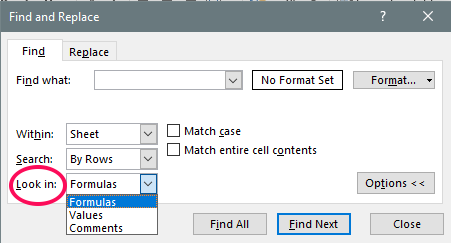 show cells formula specific find