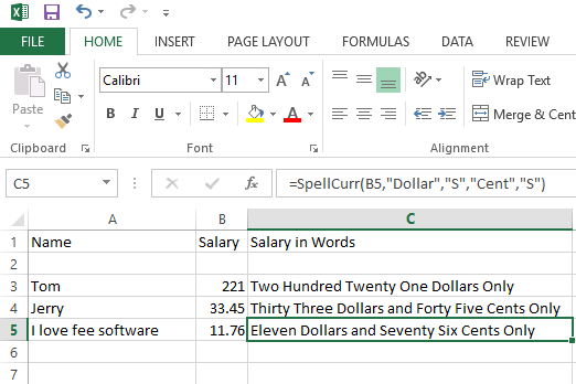 spell currency in excel
