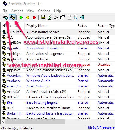 switch between list of installed drivers and services list
