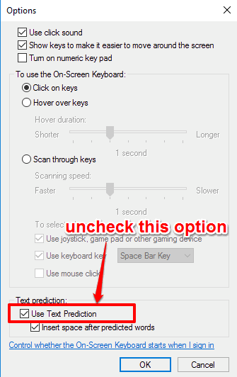uncheck use text prediction option