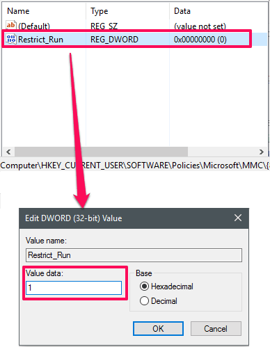 Accessing Restric run key in regedit