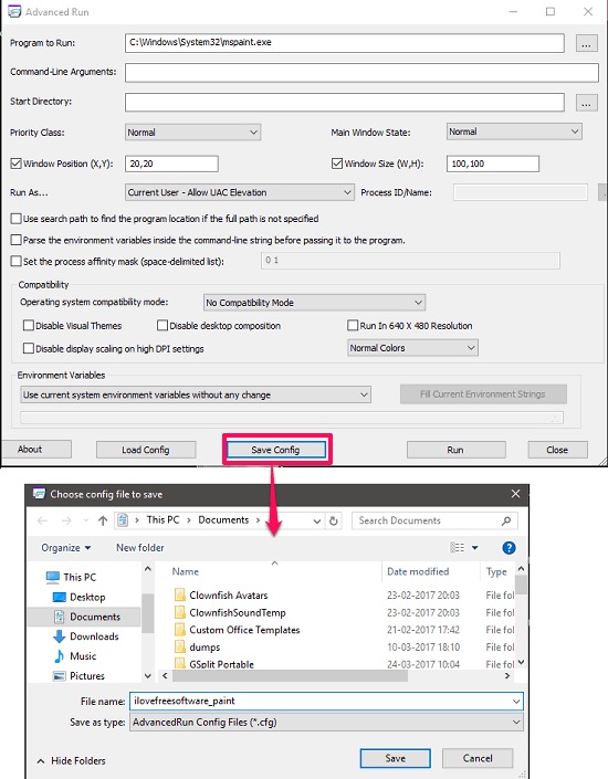 Advanced run saving configuration