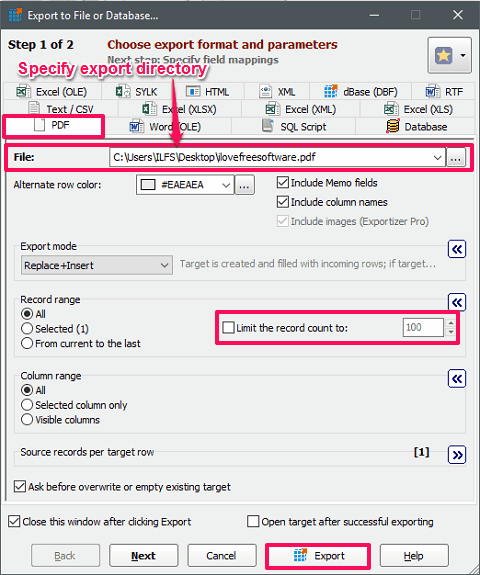 Exportizer database export prequisites